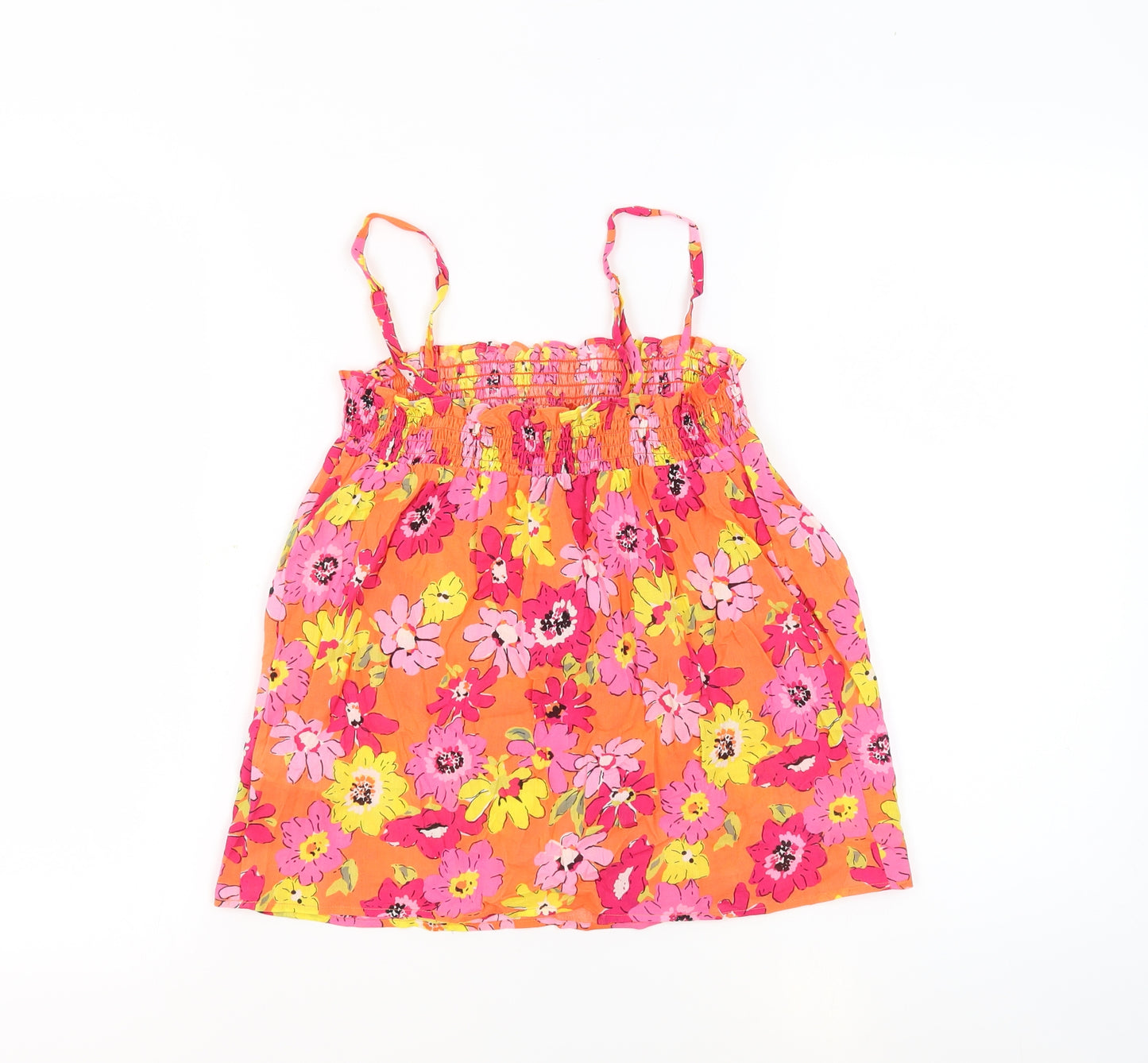 Marks and Spencer Womens Orange Floral 100% Cotton Basic Tank Size 6 Square Neck - Sheer