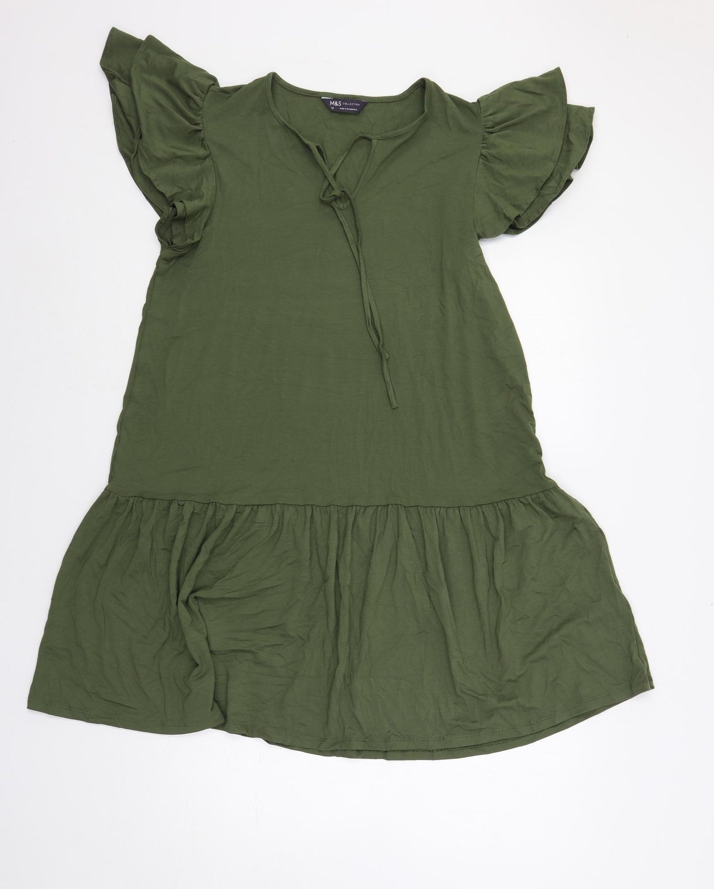 Marks and Spencer Womens Green Viscose A-Line Size 14 V-Neck Tie - Ruffle