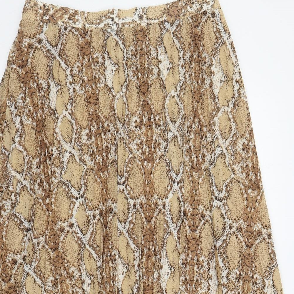 Marks and Spencer Womens Brown Animal Print Polyester Pleated Skirt Size 12 - Snake Print Elastic Waist