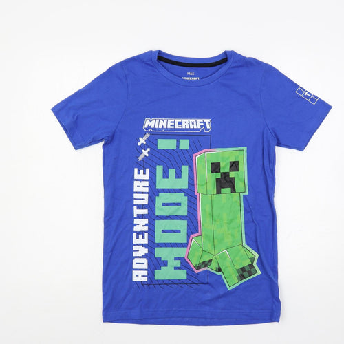 Marks and Spencer Boys Blue Cotton Pullover T-Shirt Size 12-13 Years Crew Neck Pullover - Minecraft