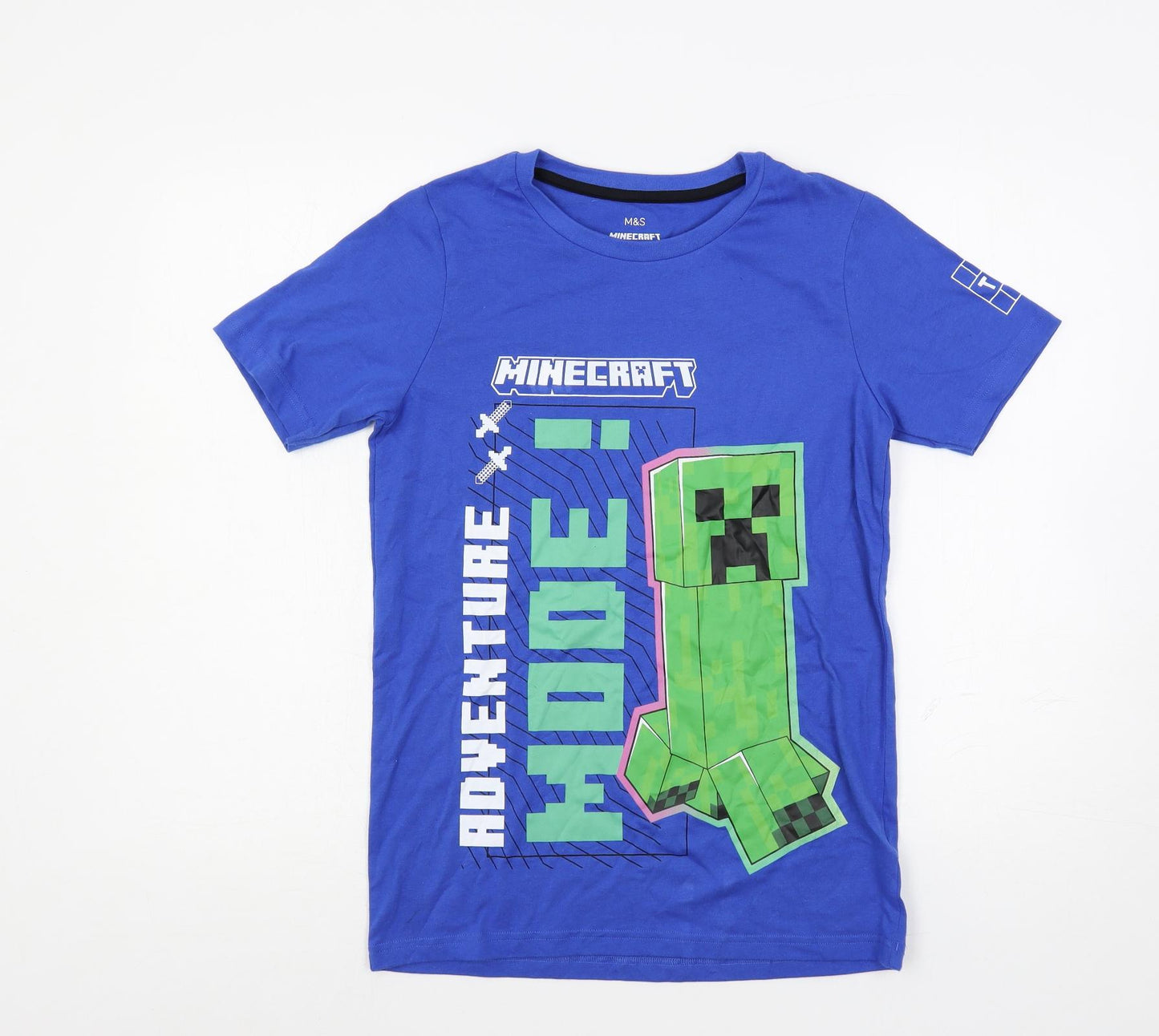 Marks and Spencer Boys Blue Cotton Pullover T-Shirt Size 12-13 Years Crew Neck Pullover - Minecraft