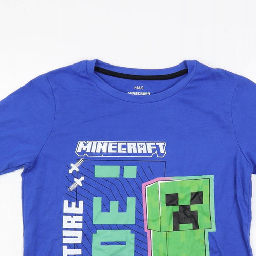 Marks and Spencer Boys Blue Cotton Pullover T-Shirt Size 12-13 Years Crew Neck Pullover - Minecraft