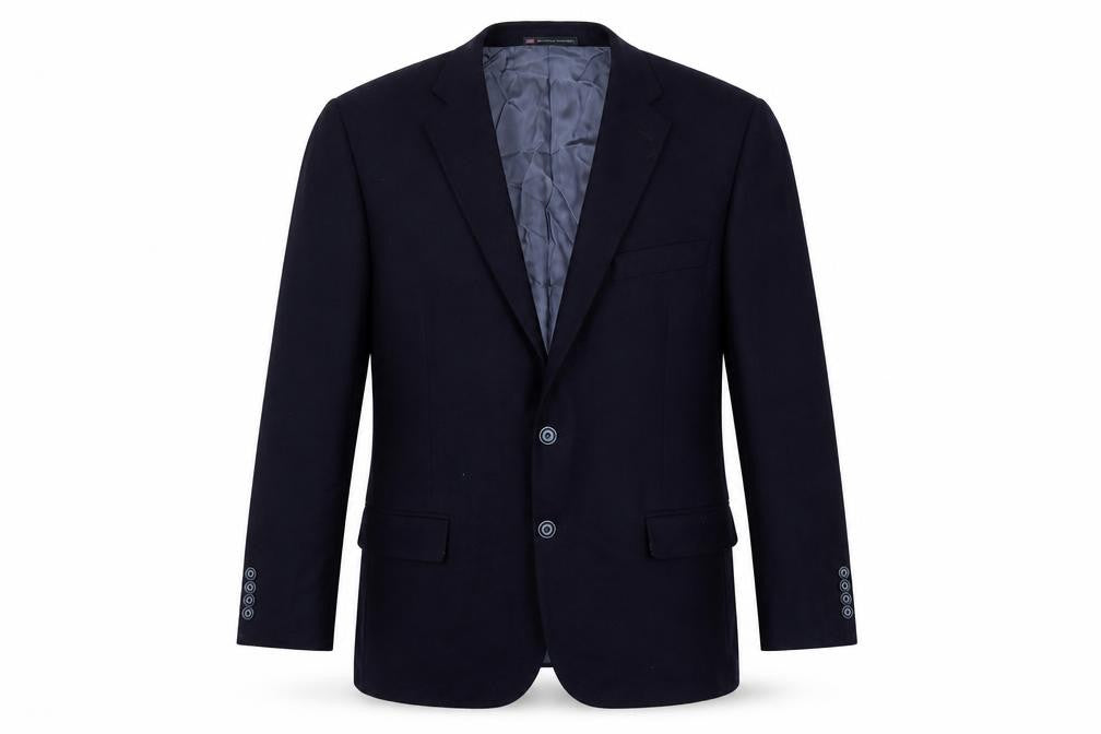 Front view of Hart Schaffner Marx men’s blue polyester jacket blazer, size 44, regular