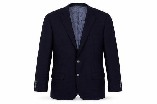 Front view of Hart Schaffner Marx men’s blue polyester jacket blazer, size 44, regular