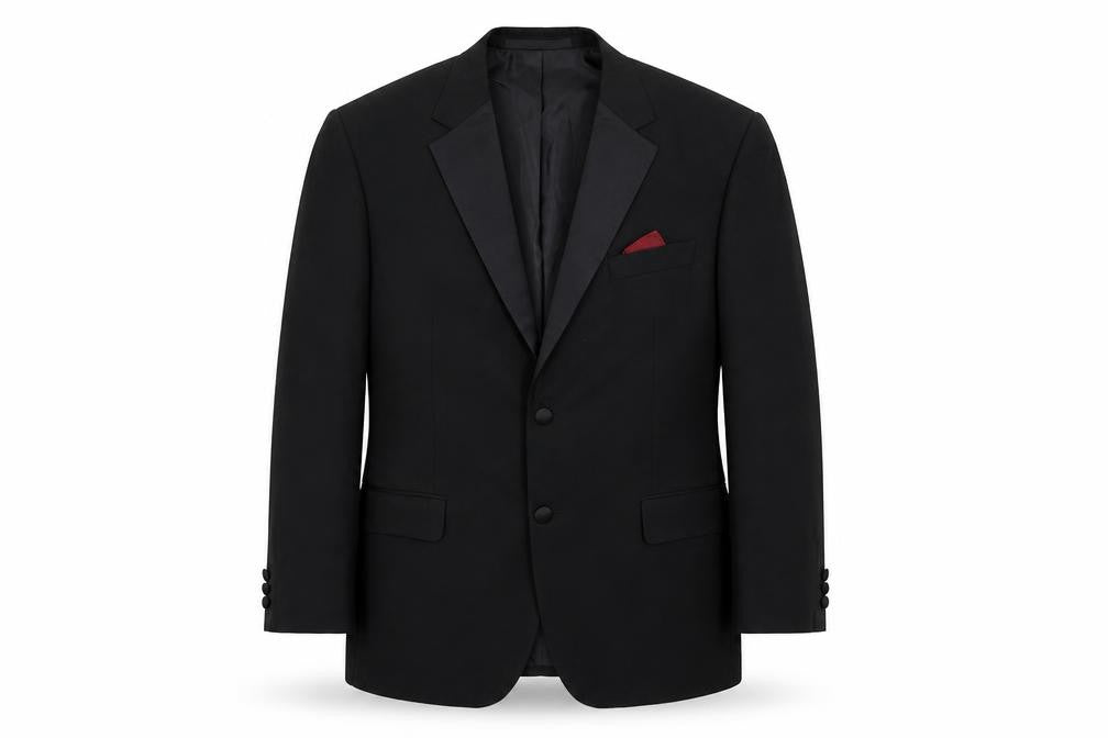 Front view of Marks & Spencer men’s black polyester tuxedo suit jacket, size 40, regular