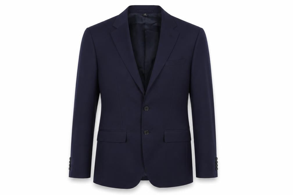 Front view of Marks & Spencer men’s blue polyester jacket suit jacket, size 38, regular