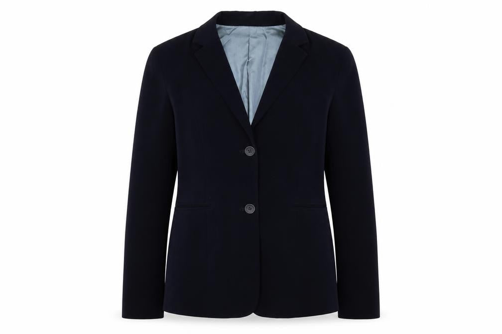 Front view of Lakeland women’s blue jacket blazer, size UK 12, button