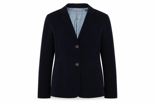 Front view of Lakeland women’s blue jacket blazer, size UK 12, button