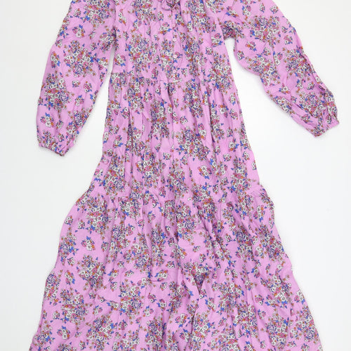 Marks and Spencer Womens Purple Floral Cotton Maxi Size 8 Round Neck Pullover - Keyhole Neckline