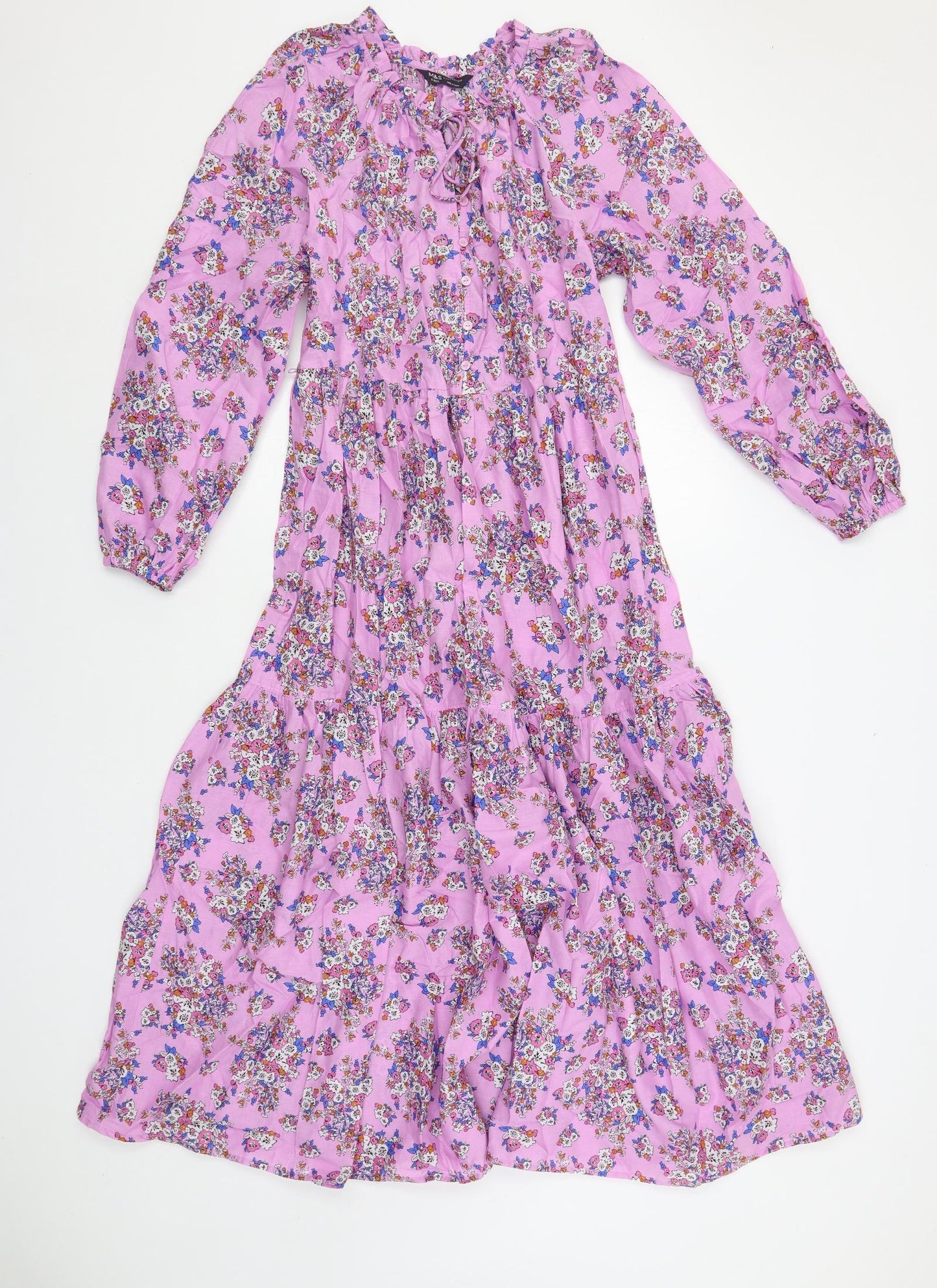 Marks and Spencer Womens Purple Floral Cotton Maxi Size 8 Round Neck Pullover - Keyhole Neckline