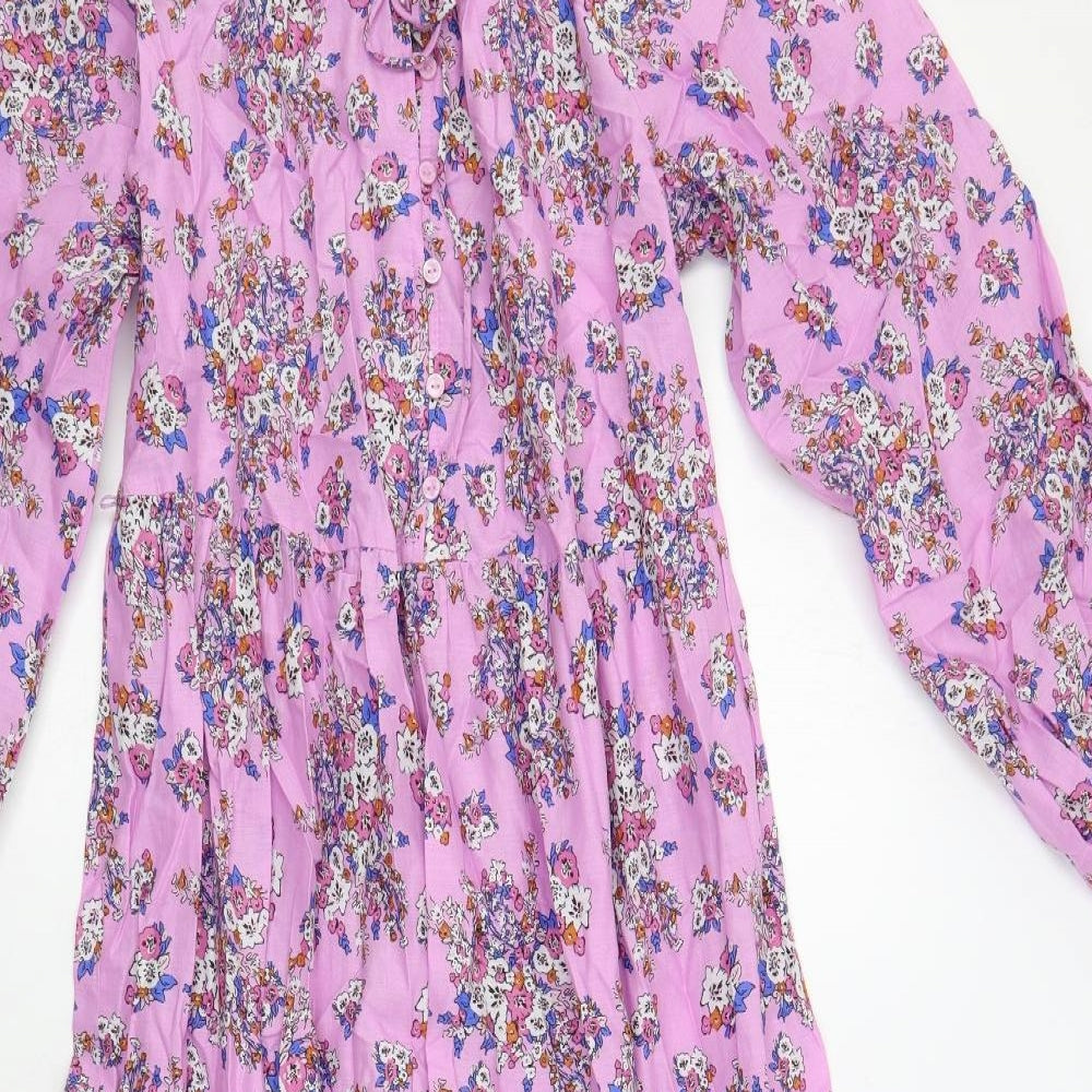 Marks and Spencer Womens Purple Floral Cotton Maxi Size 8 Round Neck Pullover - Keyhole Neckline