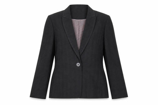 Front view of Next women’s grey plaid jacket blazer, size UK 14, button