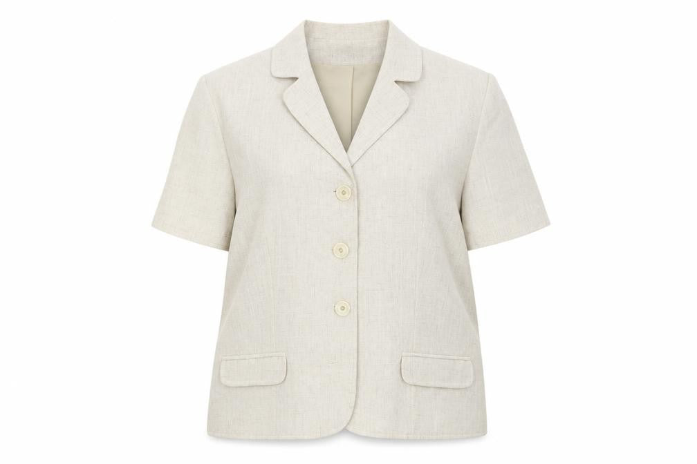 Front view of Selective women’s beige jacket blazer, size UK 18, button