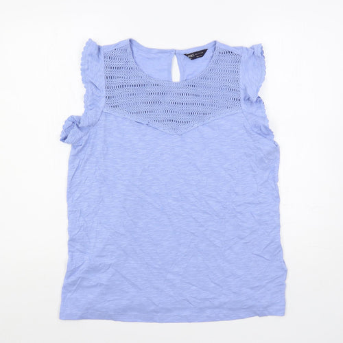 Marks and Spencer Womens Blue Cotton Basic Blouse Size 14 Crew Neck - Crochet Detail