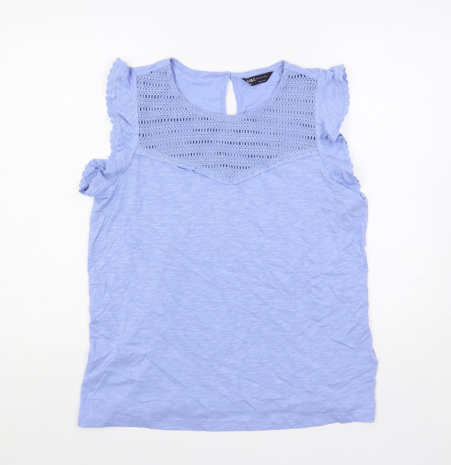 Marks and Spencer Womens Blue Cotton Basic Blouse Size 14 Crew Neck - Crochet Detail