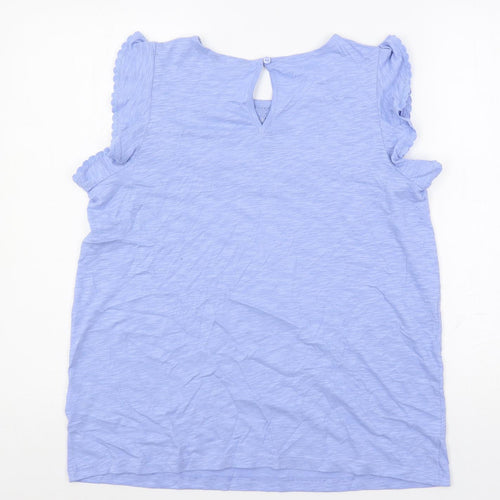 Marks and Spencer Womens Blue Cotton Basic Blouse Size 14 Crew Neck - Crochet Detail