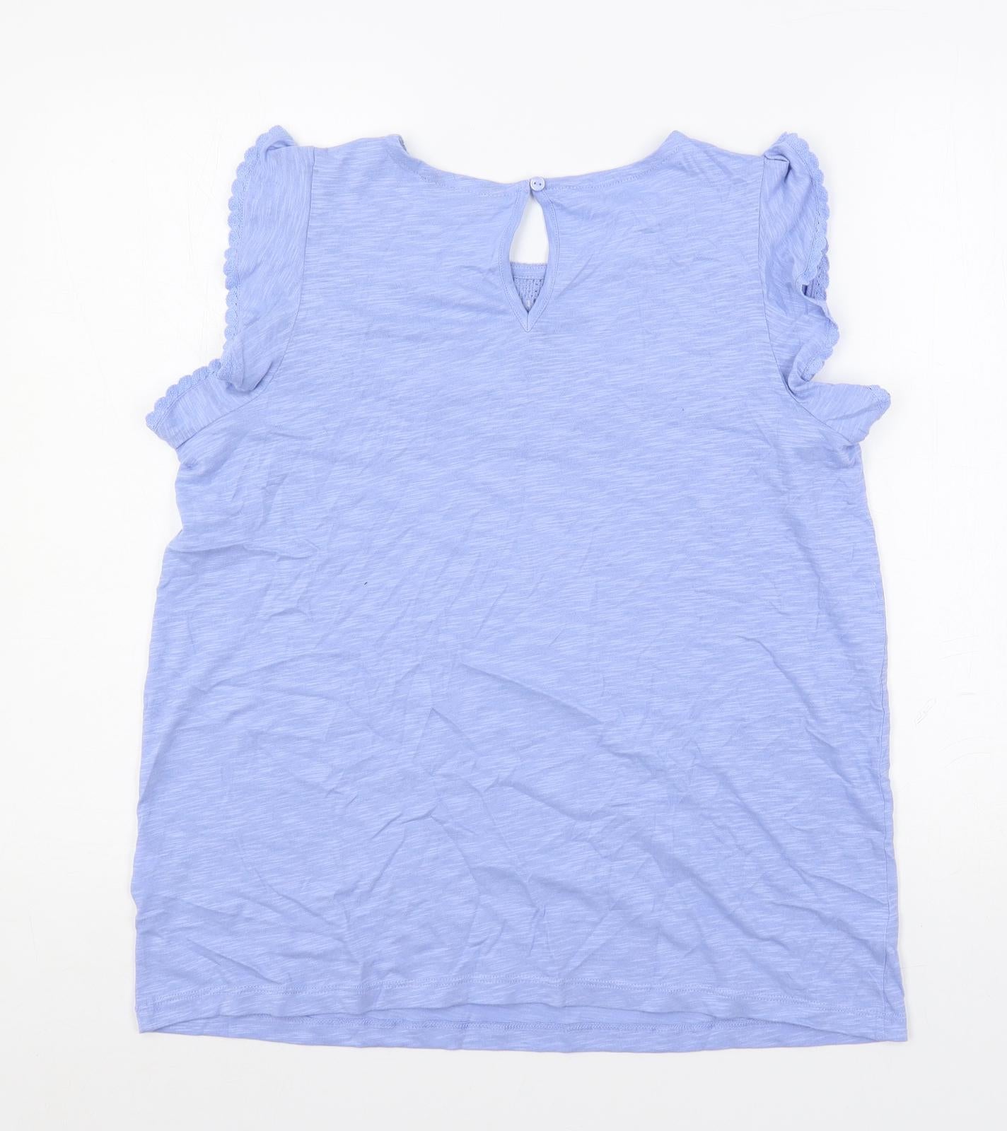 Marks and Spencer Womens Blue Cotton Basic Blouse Size 14 Crew Neck - Crochet Detail