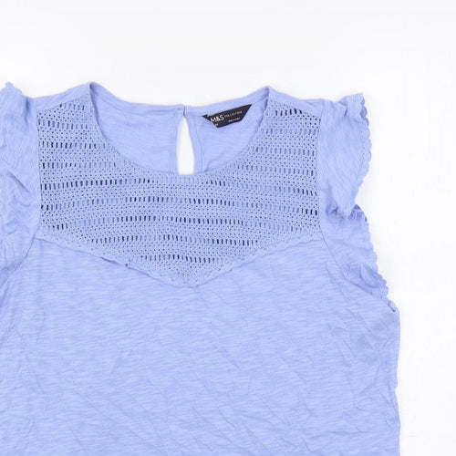 Marks and Spencer Womens Blue Cotton Basic Blouse Size 14 Crew Neck - Crochet Detail
