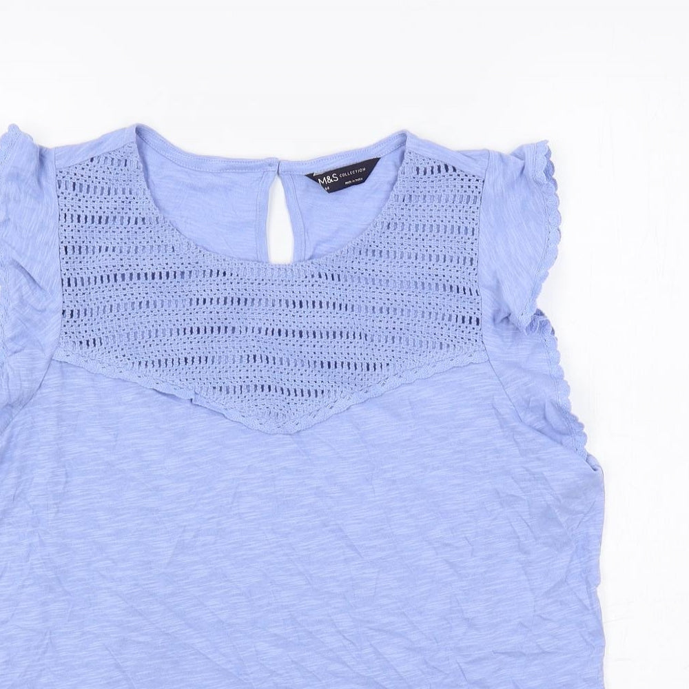 Marks and Spencer Womens Blue Cotton Basic Blouse Size 14 Crew Neck - Crochet Detail