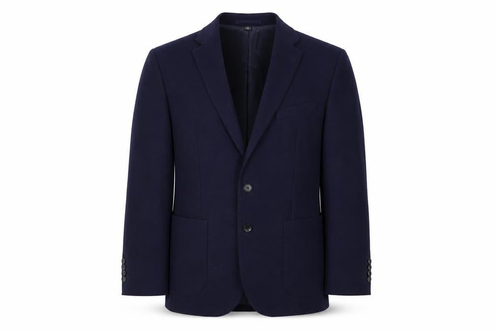 Front view of Marks & Spencer men’s blue polyester jacket suit jacket, size 40, regular