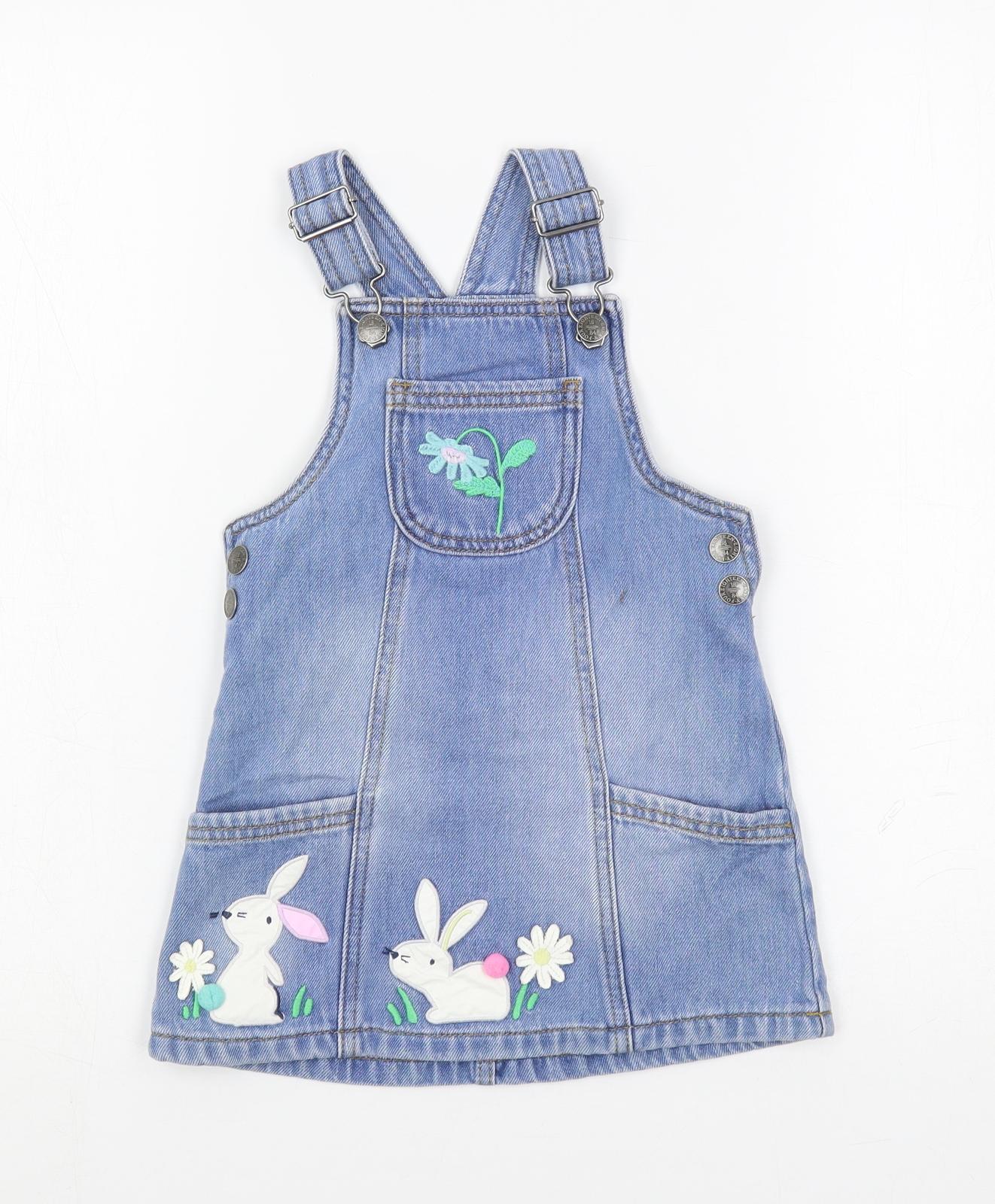 Marks and Spencer Girls Blue Cotton Pinafore/Dungaree Dress Size 2-3 Years Square Neck Button - Embroidered Bunnies