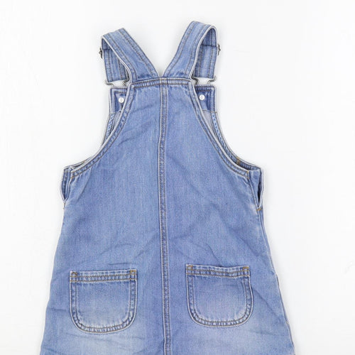 Marks and Spencer Girls Blue Cotton Pinafore/Dungaree Dress Size 2-3 Years Square Neck Button - Embroidered Bunnies