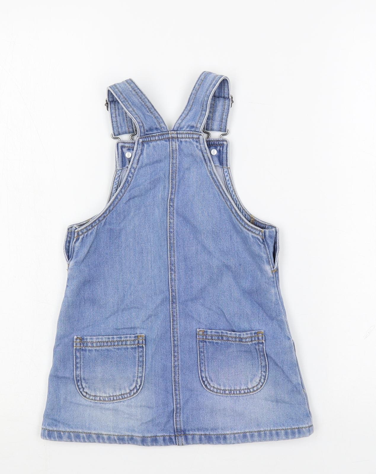 Marks and Spencer Girls Blue Cotton Pinafore/Dungaree Dress Size 2-3 Years Square Neck Button - Embroidered Bunnies