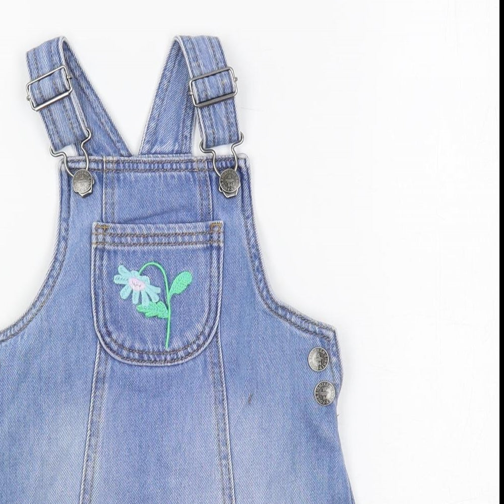 Marks and Spencer Girls Blue Cotton Pinafore/Dungaree Dress Size 2-3 Years Square Neck Button - Embroidered Bunnies