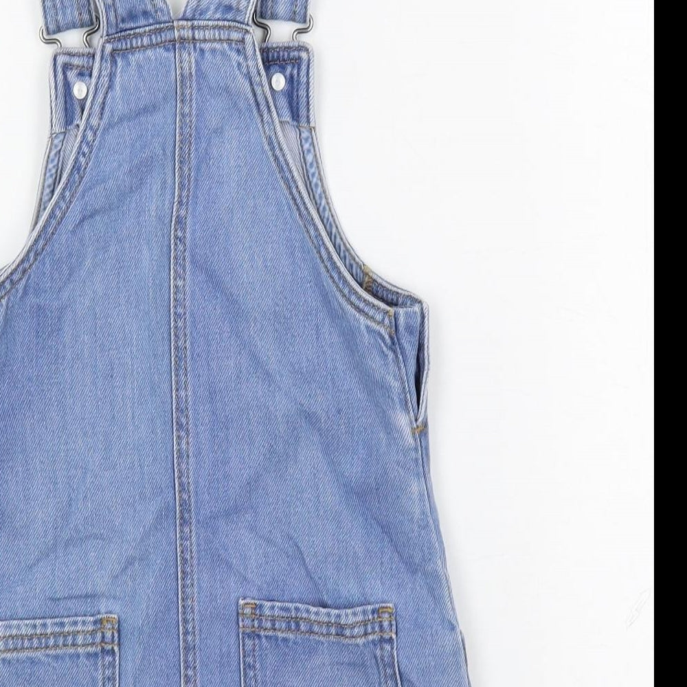 Marks and Spencer Girls Blue Cotton Pinafore/Dungaree Dress Size 2-3 Years Square Neck Button - Embroidered Bunnies