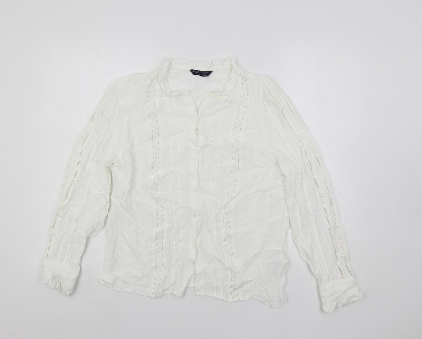 Marks and Spencer Womens White Viscose Basic Button-Up Size 14 Mock Neck