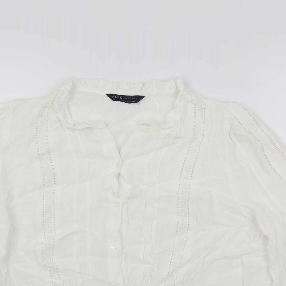 Marks and Spencer Womens White Viscose Basic Button-Up Size 14 Mock Neck