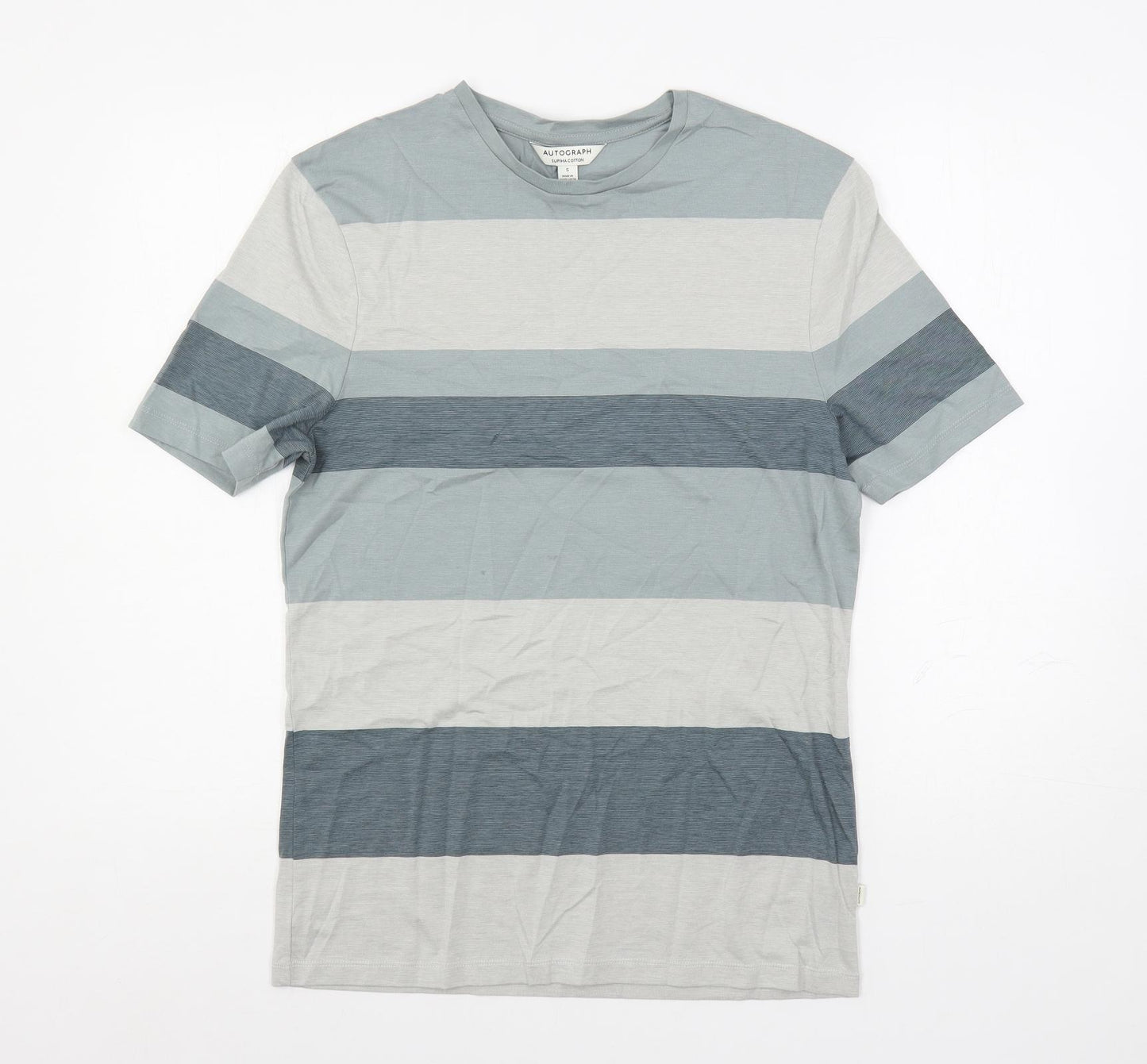 Autograph Mens Green Striped Cotton T-Shirt Size S Crew Neck