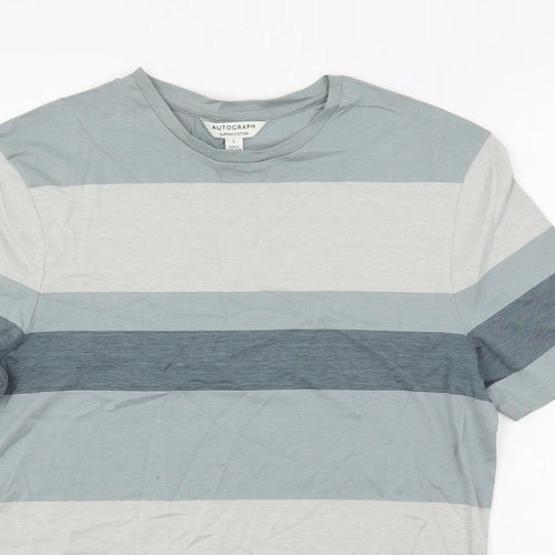 Autograph Mens Green Striped Cotton T-Shirt Size S Crew Neck