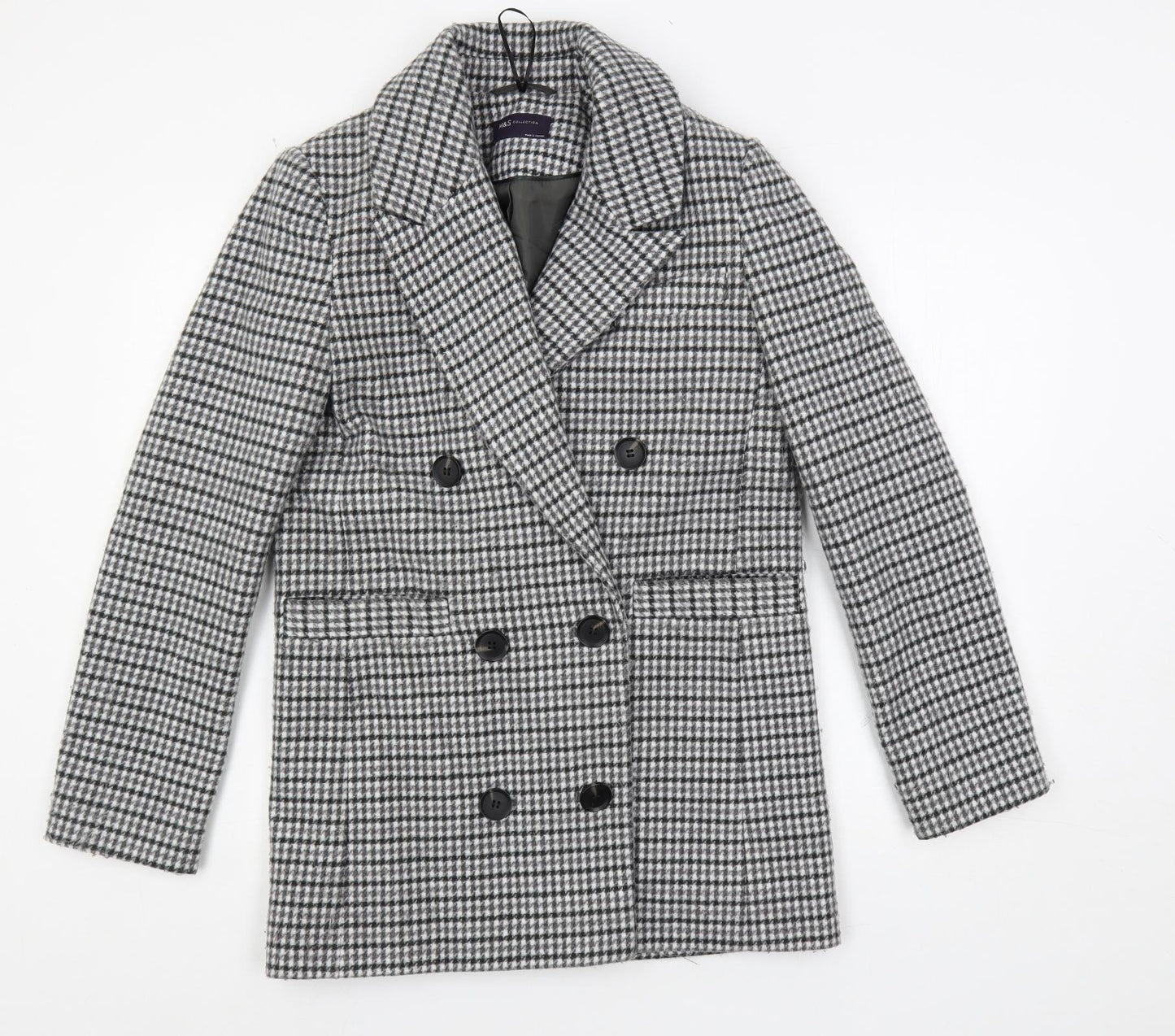 Marks and Spencer Womens Grey Geometric Pea Coat Coat Size 6 Button