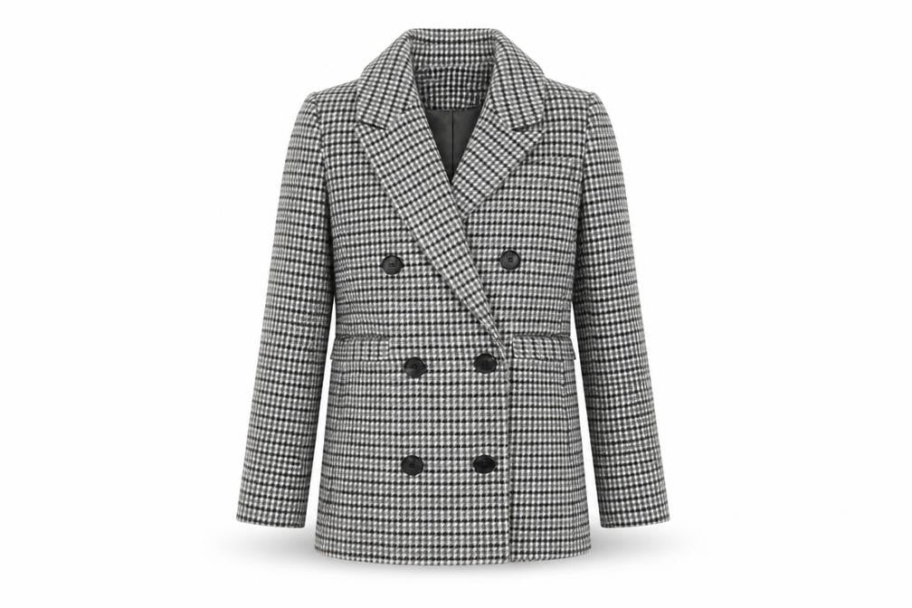 Front view of Marks & Spencer women’s grey geometric pea coat coat, size UK 6, button