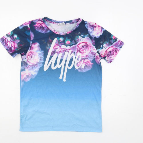 Hype Girls Blue Floral Polyester Basic T-Shirt Size 13 Years Crew Neck Pullover