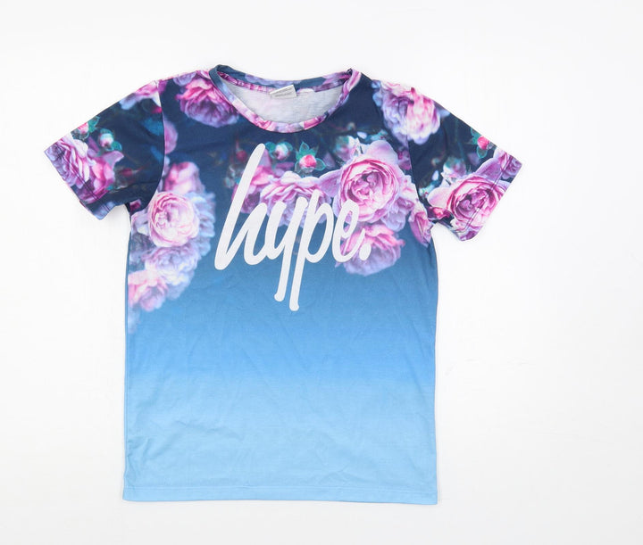 Hype Girls Blue Floral Polyester Basic T-Shirt Size 13 Years Crew Neck Pullover
