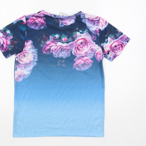 Hype Girls Blue Floral Polyester Basic T-Shirt Size 13 Years Crew Neck Pullover