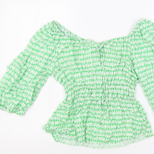 Marks and Spencer Womens Green Geometric Viscose Basic Blouse Size 6 Off the Shoulder - Elastic Waist