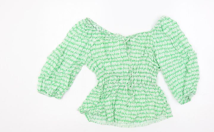 Marks and Spencer Womens Green Geometric Viscose Basic Blouse Size 6 Off the Shoulder - Elastic Waist