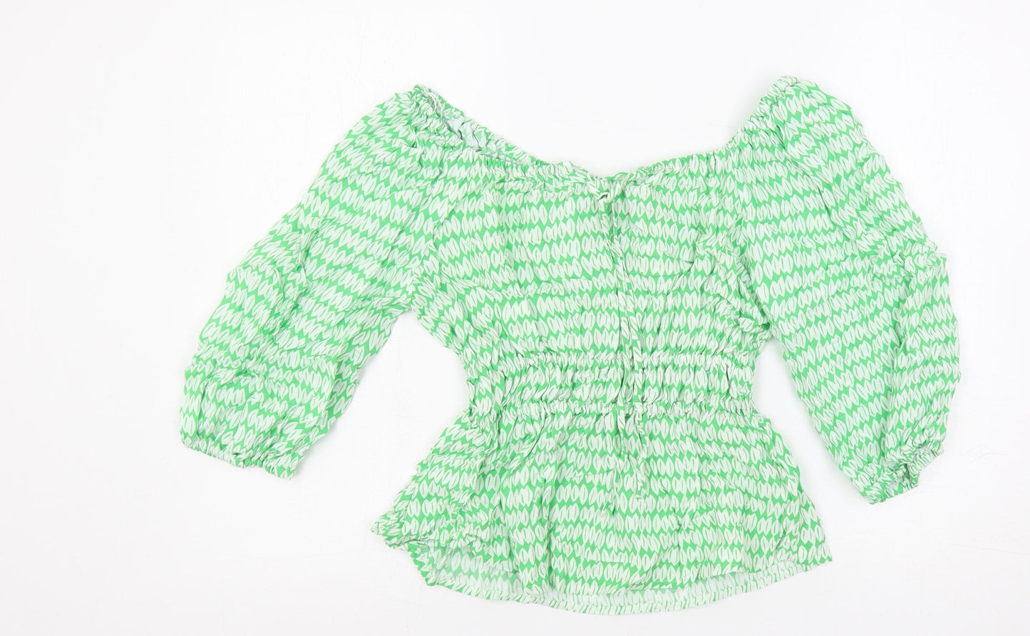 Marks and Spencer Womens Green Geometric Viscose Basic Blouse Size 6 Off the Shoulder - Elastic Waist