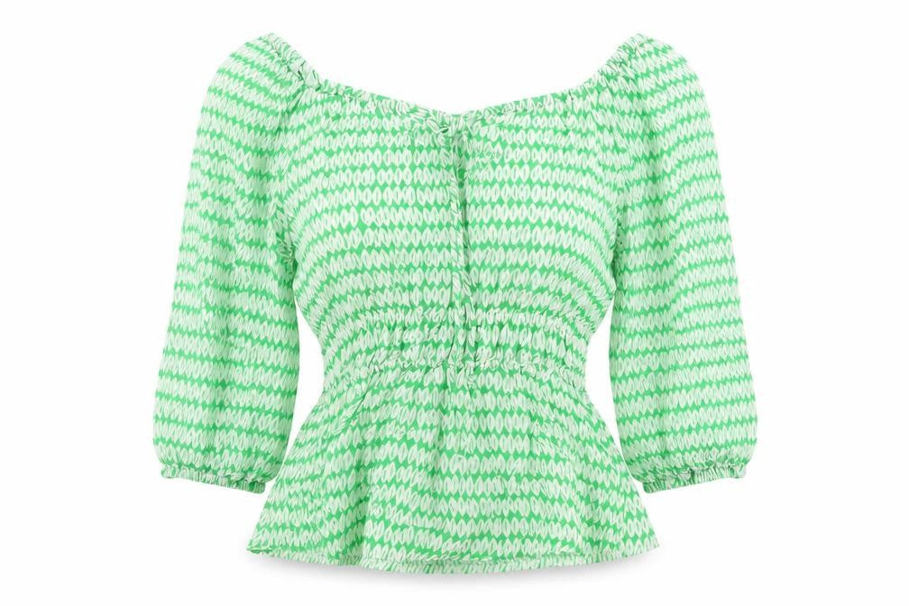 Marks and Spencer Womens Green Geometric Viscose Basic Blouse Size 6 Off the Shoulder - Elastic Waist