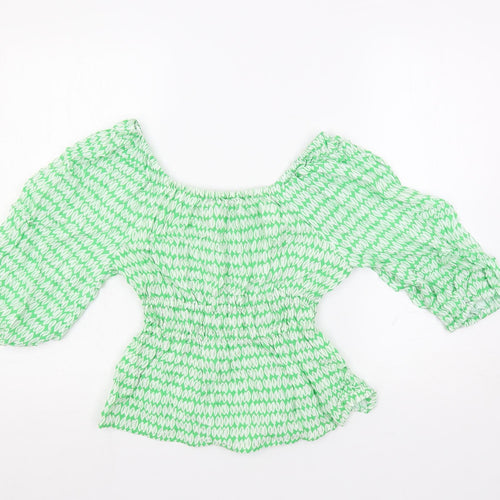 Marks and Spencer Womens Green Geometric Viscose Basic Blouse Size 6 Off the Shoulder - Elastic Waist
