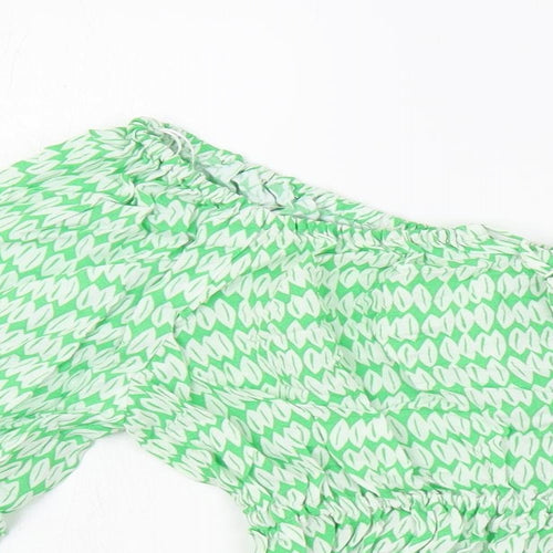 Marks and Spencer Womens Green Geometric Viscose Basic Blouse Size 6 Off the Shoulder - Elastic Waist