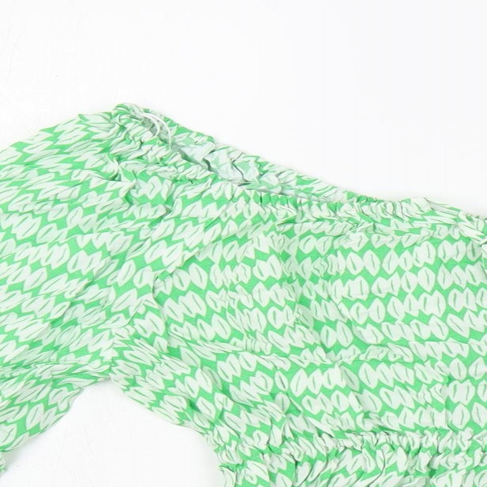 Marks and Spencer Womens Green Geometric Viscose Basic Blouse Size 6 Off the Shoulder - Elastic Waist