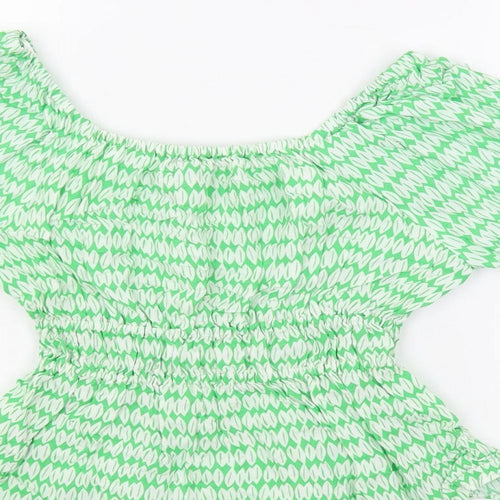 Marks and Spencer Womens Green Geometric Viscose Basic Blouse Size 6 Off the Shoulder - Elastic Waist