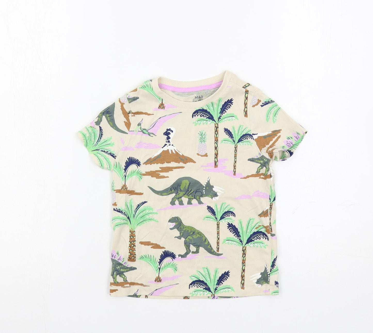 Marks and Spencer Boys Beige Geometric Cotton Pullover T-Shirt Size 2-3 Years Crew Neck Pullover - Dinosaurs