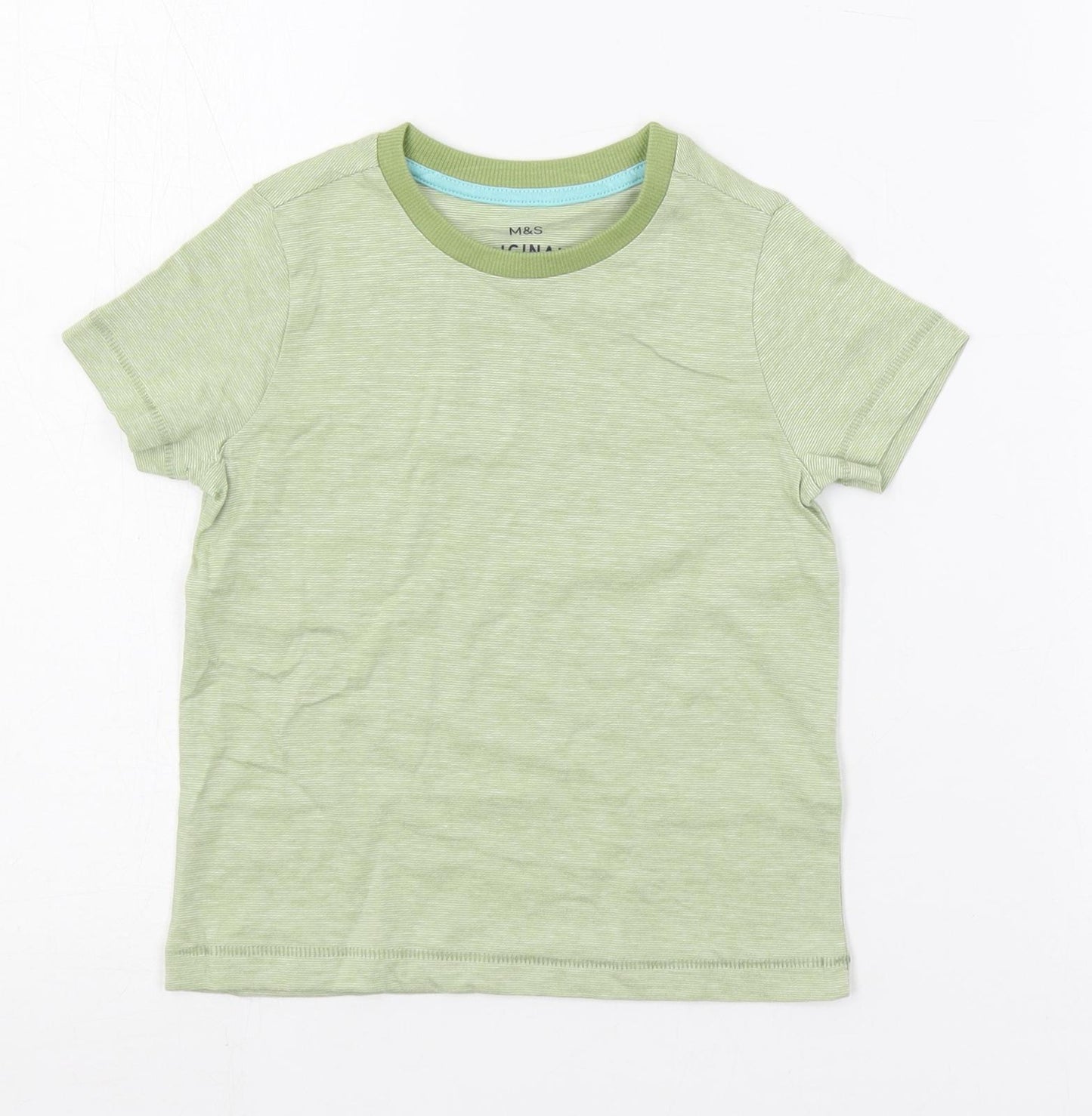 Marks and Spencer Boys Green Striped Cotton Pullover T-Shirt Size 2-3 Years Crew Neck Pullover