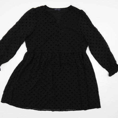 Marks and Spencer Womens Black Polka Dot Polyester A-Line Size 16 V-Neck Button - Lined