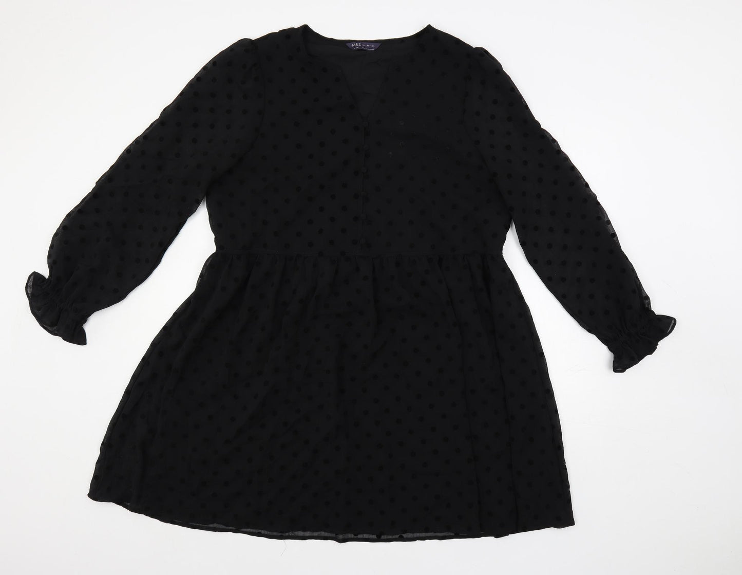 Marks and Spencer Womens Black Polka Dot Polyester A-Line Size 16 V-Neck Button - Lined